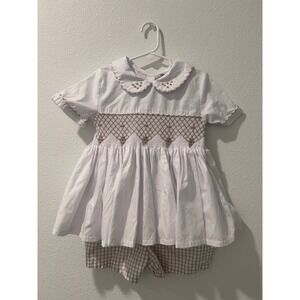 Babeeni Kids White Smocked Tunic and Gingham Shorts Set Tan Hand Smocked 6m